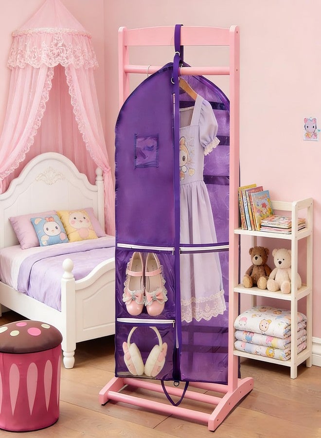 FrexCheng 40" Dance Garment Bag for Kids - Hanging Waterproof Garment Bag with 5 Clear Zipper Pockets & ID Window, Portable Foldable Clothes Bag for Dance Costumes, Skating, Cheer, Pageants (purple, buckle) - Image 3